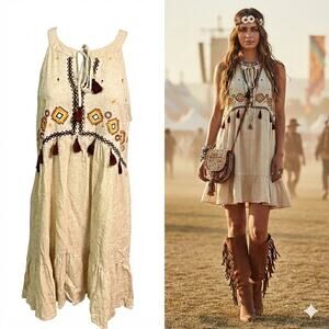 Easel Mini Linen Blend Halter Dress Womens M Boho Embroidered Cottagecore Flowy